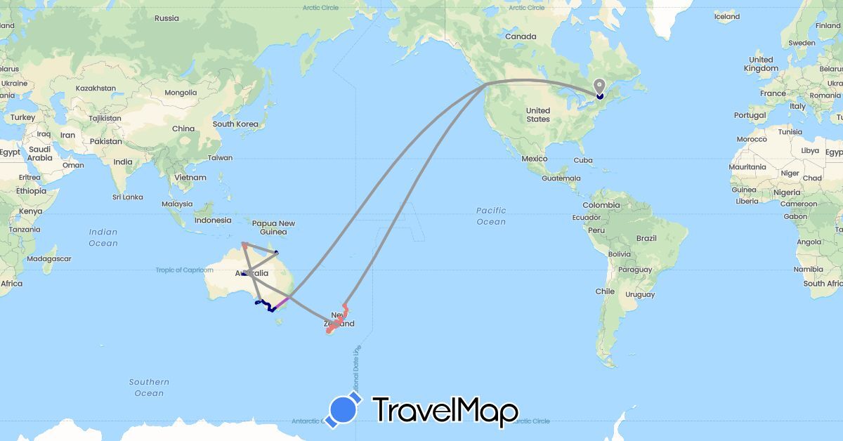 TravelMap itinerary: driving, plane, train, boat, vr in Australia, Canada, New Zealand (North America, Oceania)